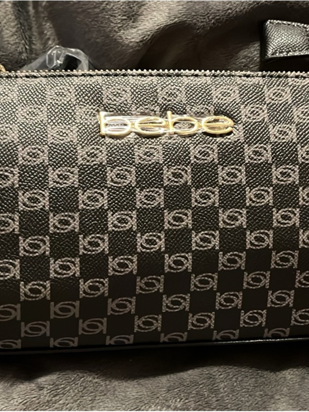 bebe Black & Gray Monogram Crossbody with Gold Logo